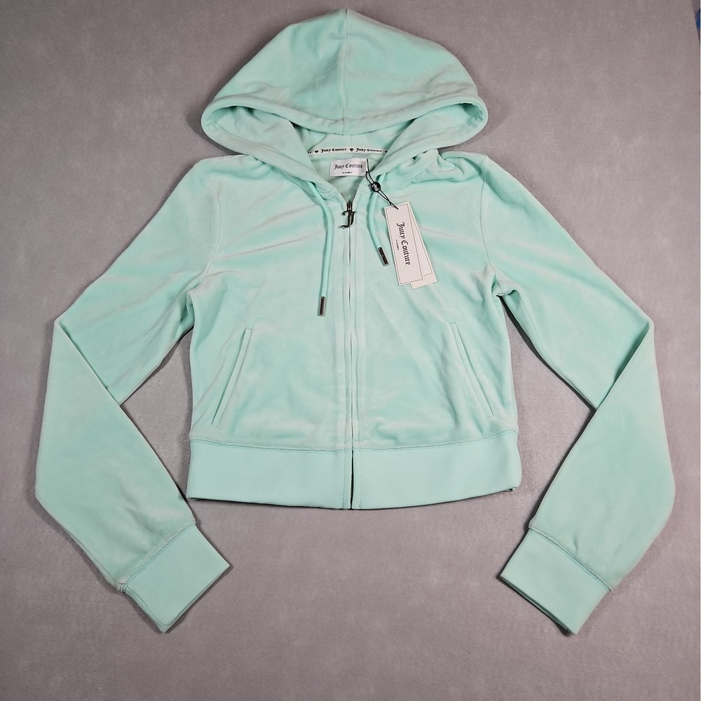 Juicy Couture Womens Light Green Velour Cropped Full Zip Hoodie Size Small NWT